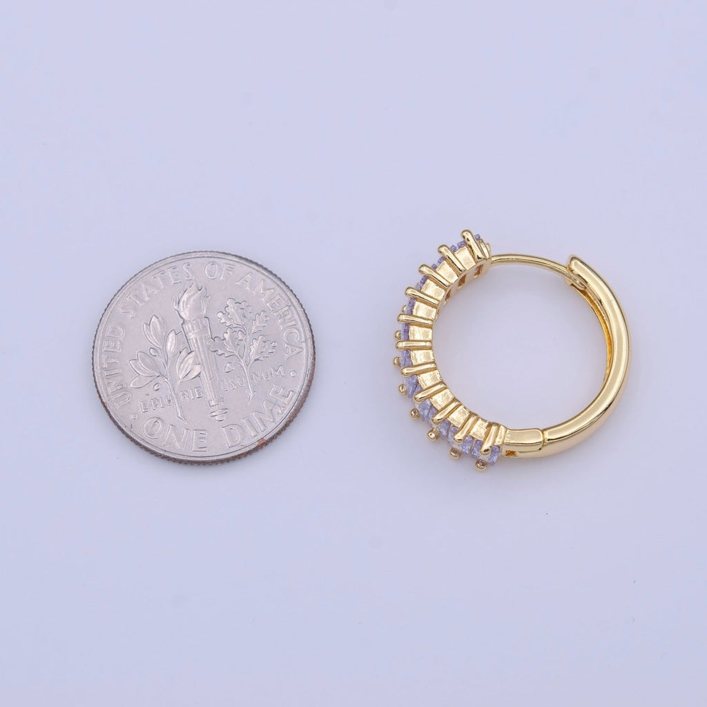 24K Gold plated Clear Purple Baguette Lined 18.5mm Huggie Hoop Earrings | Y-216 - DLUXCA
