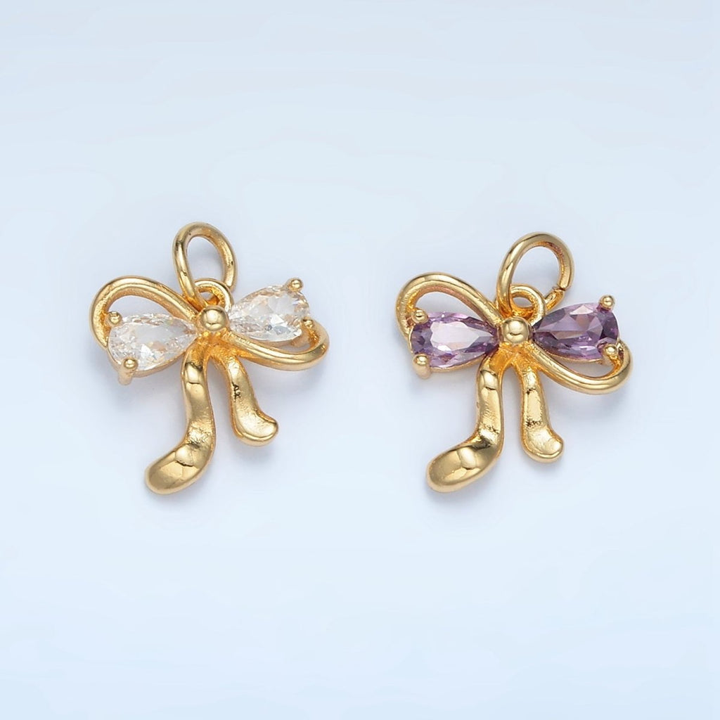24K Gold plated Clear, Purple CZ Ribbon Bow Charm | X563 - DLUXCA
