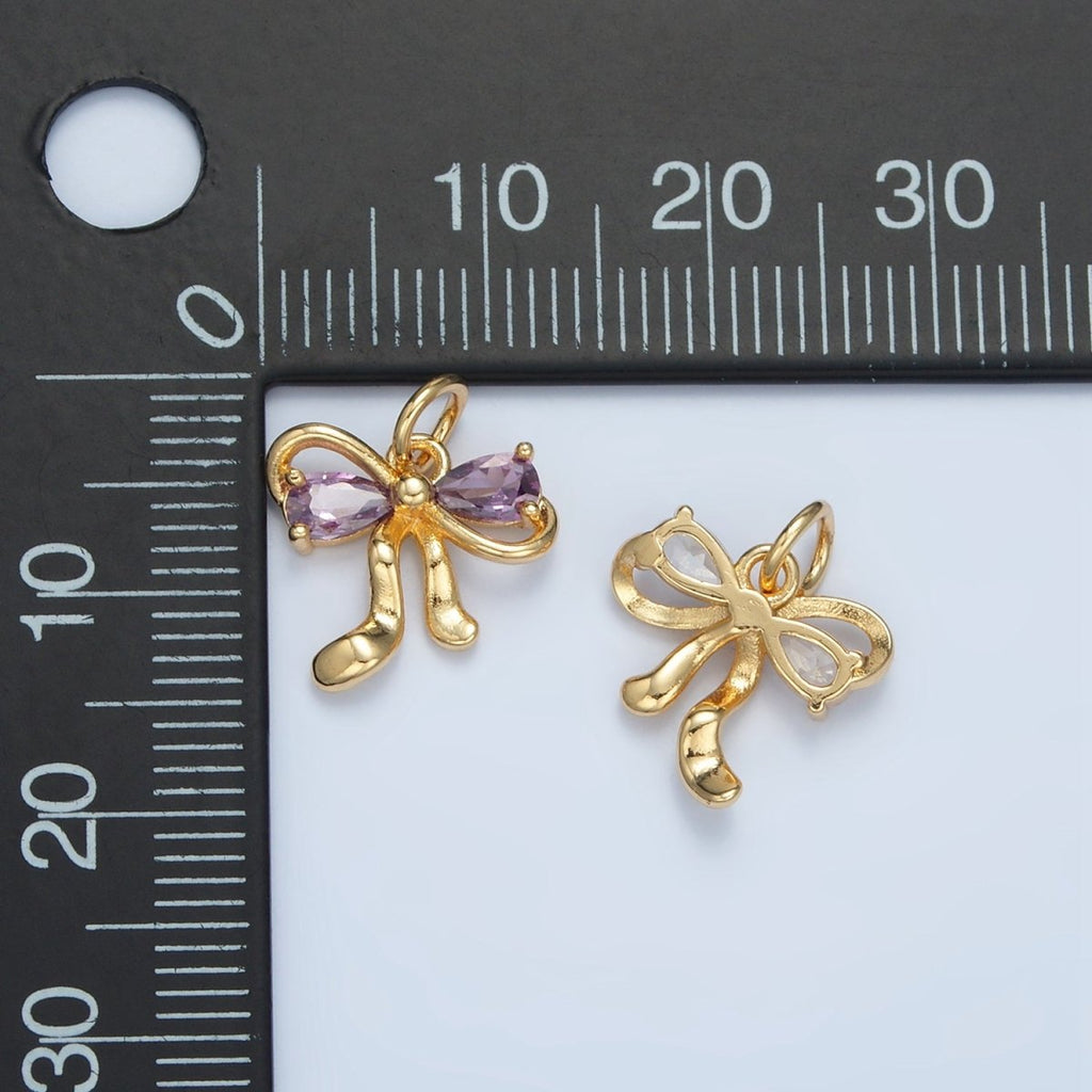 24K Gold plated Clear, Purple CZ Ribbon Bow Charm | X563 - DLUXCA