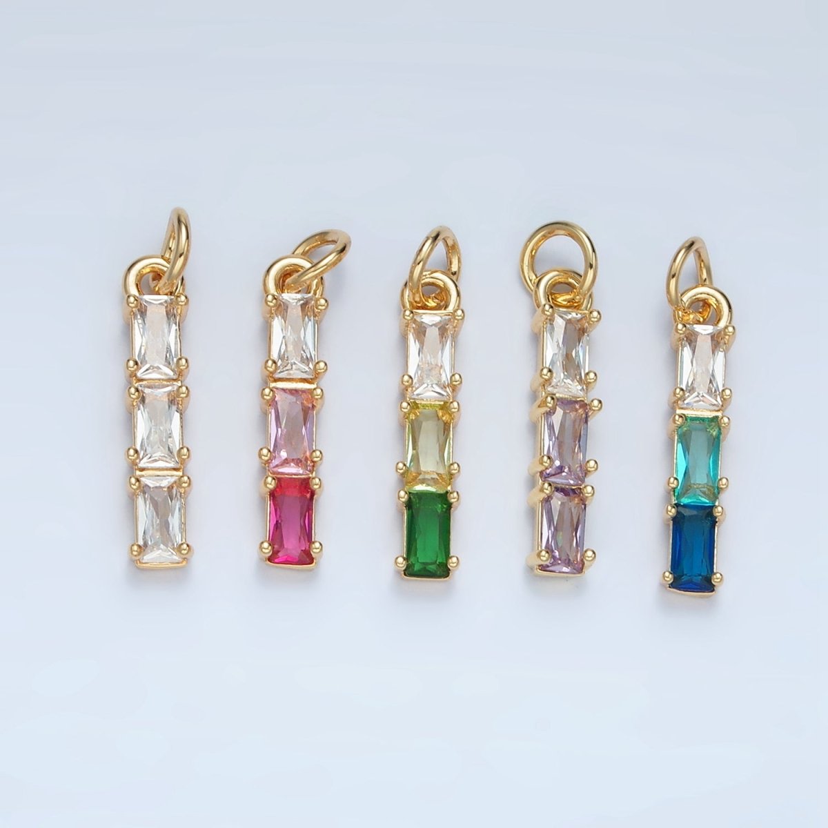 24K Gold plated Clear, Purple, Green, Pink, Blue Gradient Triple Baguette CZ Linear Charm | X570 - X572