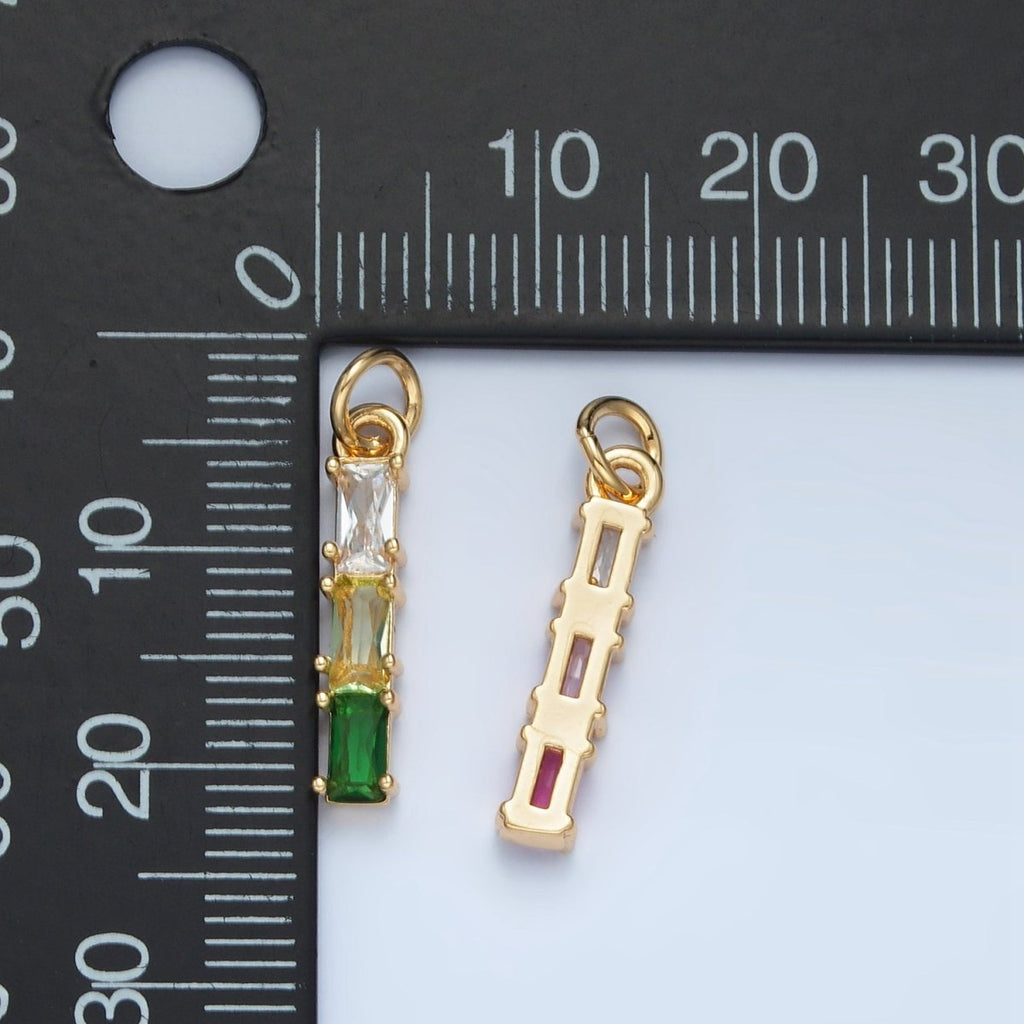 24K Gold plated Clear, Purple, Green, Pink, Blue Gradient Triple Baguette CZ Linear Charm | X570 - X572