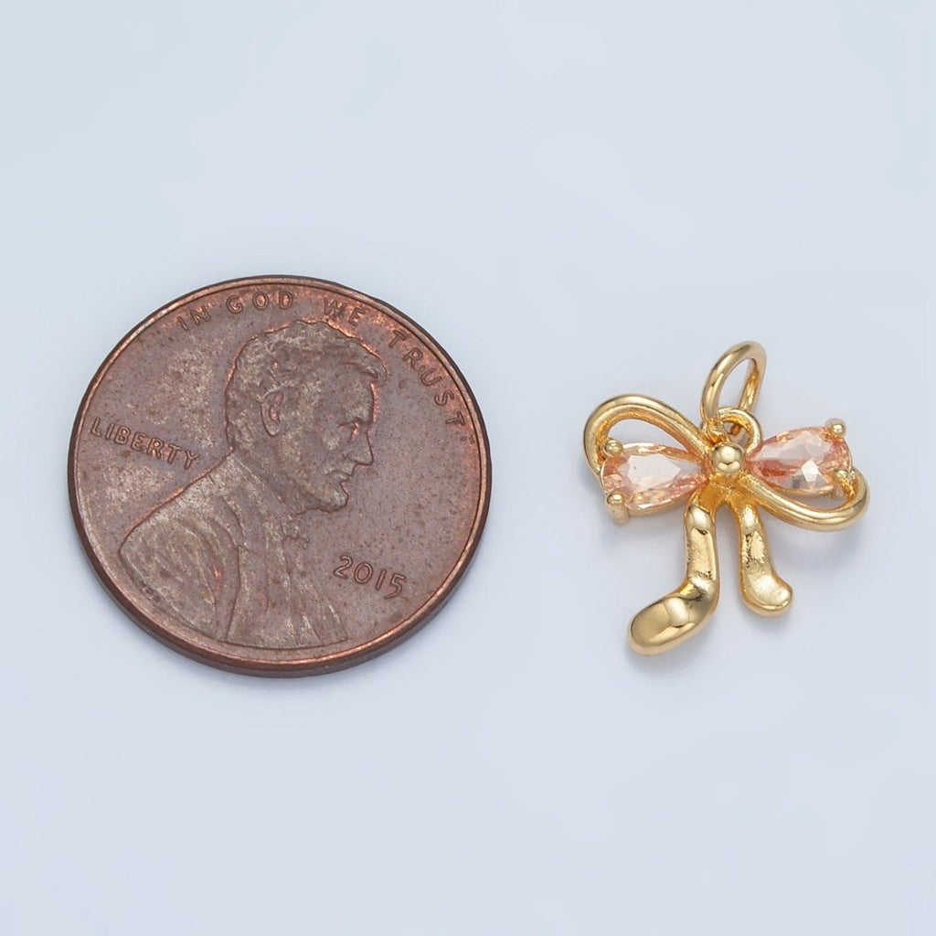 24K Gold plated Clear, Purple, Peach, Pink CZ Ribbon Bow Charm | X563 X564 - DLUXCA