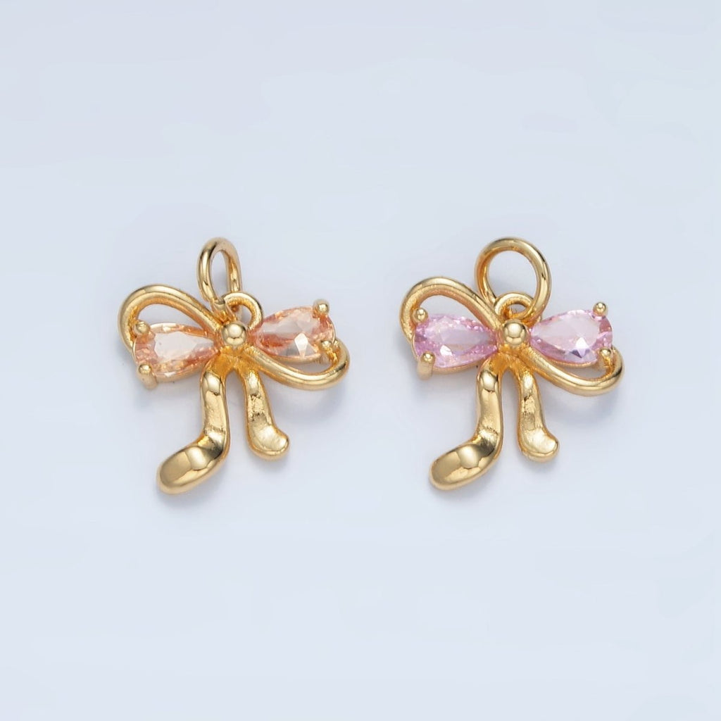 24K Gold plated Clear, Purple, Peach, Pink CZ Ribbon Bow Charm | X563 X564 - DLUXCA