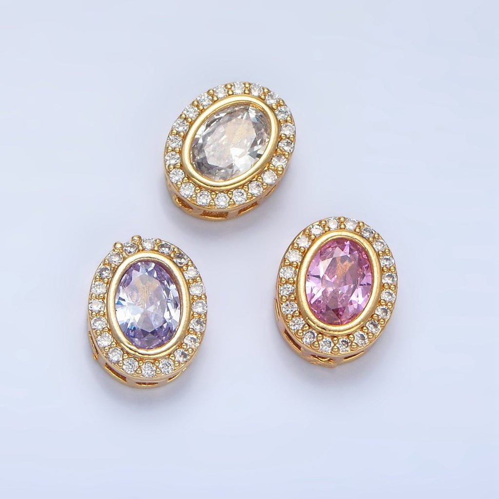 24K Gold plated Clear, Purple, Pink CZ Micro Paved Oval Bead | B169 - B170 - DLUXCA