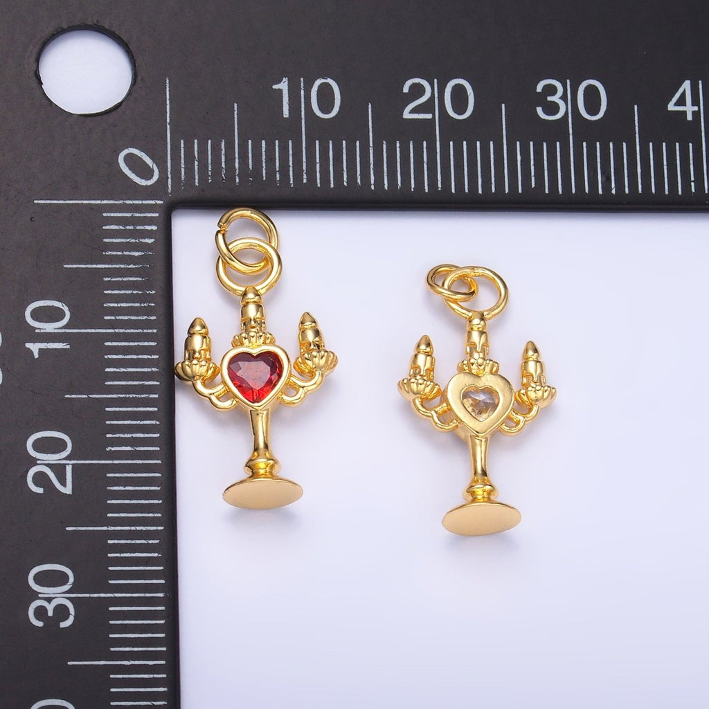 24K Gold plated Clear, Red CZ Heart Candle Candelabrum Charm in Gold & Silver | W339 - DLUXCA