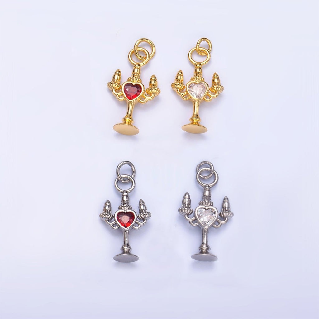 24K Gold plated Clear, Red CZ Heart Candle Candelabrum Charm in Gold & Silver | W339 - DLUXCA