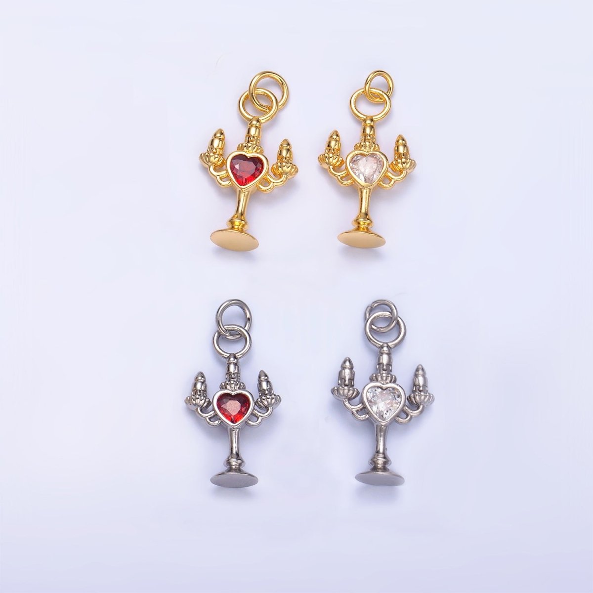 24K Gold plated Clear, Red CZ Heart Candle Candelabrum Charm in Gold & Silver | W339 - DLUXCA