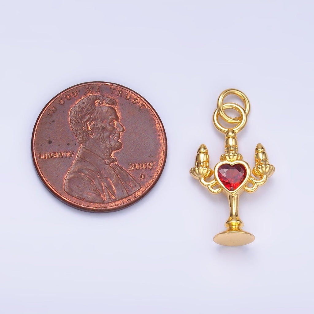 24K Gold plated Clear, Red CZ Heart Candle Candelabrum Charm in Gold & Silver | W339 - DLUXCA