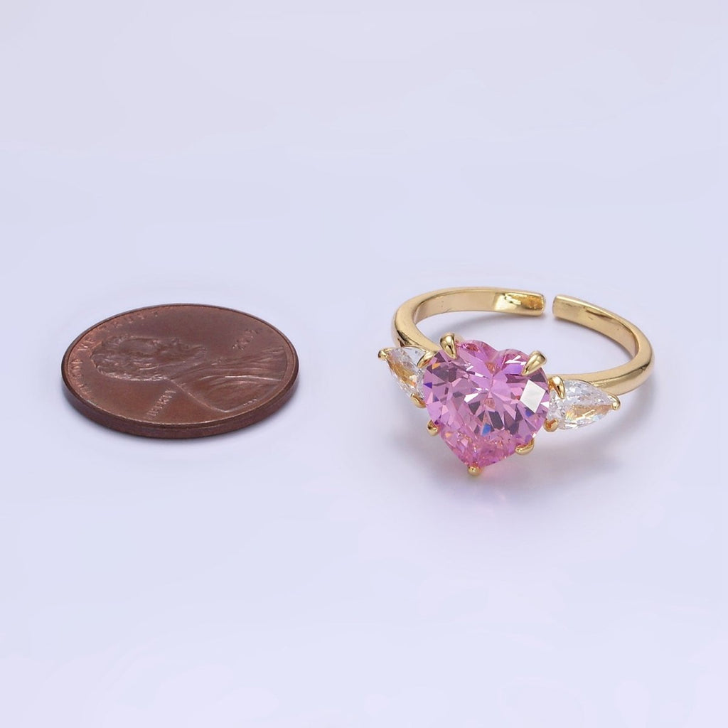 24K Gold plated Clear, Red, Pink Yellow CZ Heart Solitaire Ring | R211 - R212