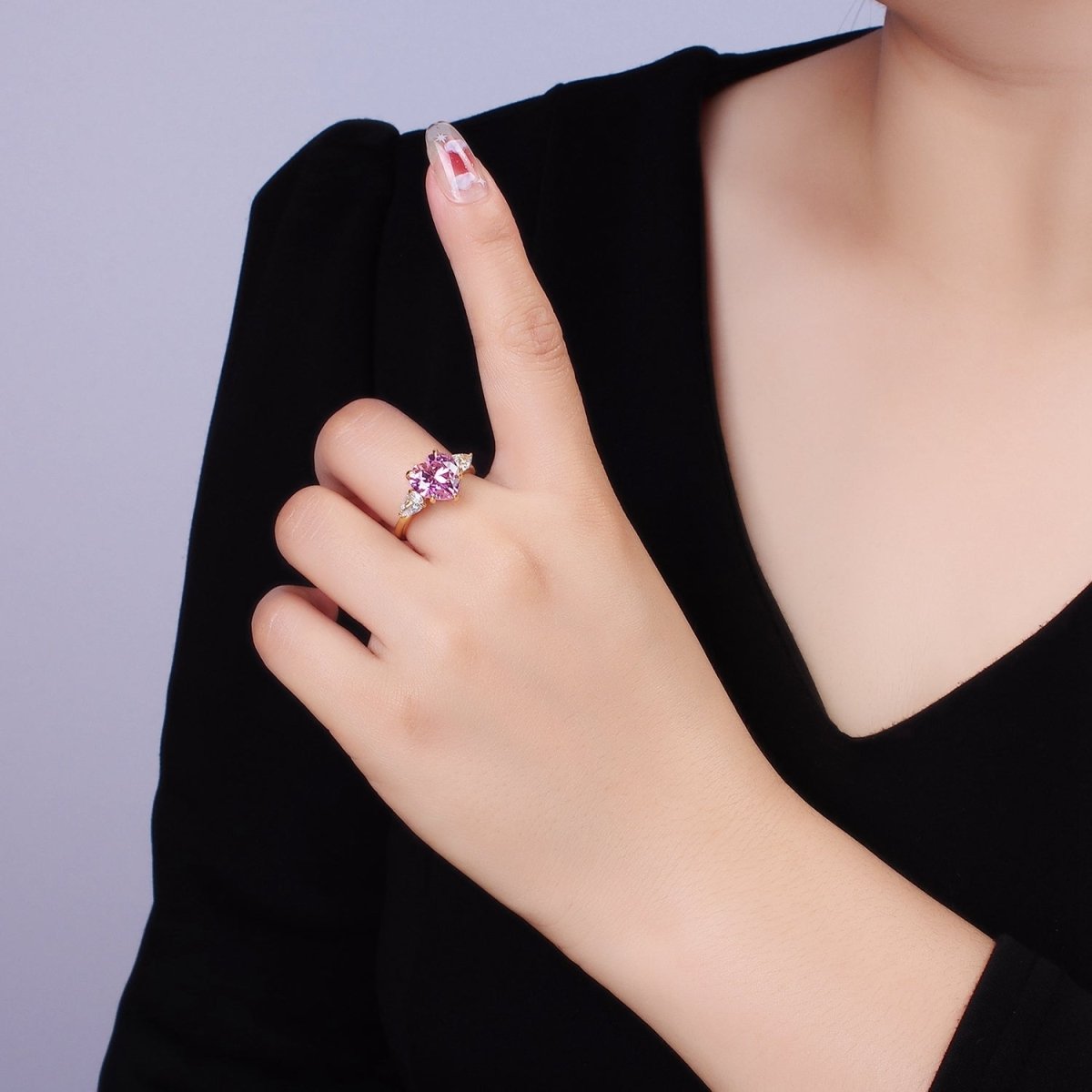 24K Gold plated Clear, Red, Pink Yellow CZ Heart Solitaire Ring | R211 - R212