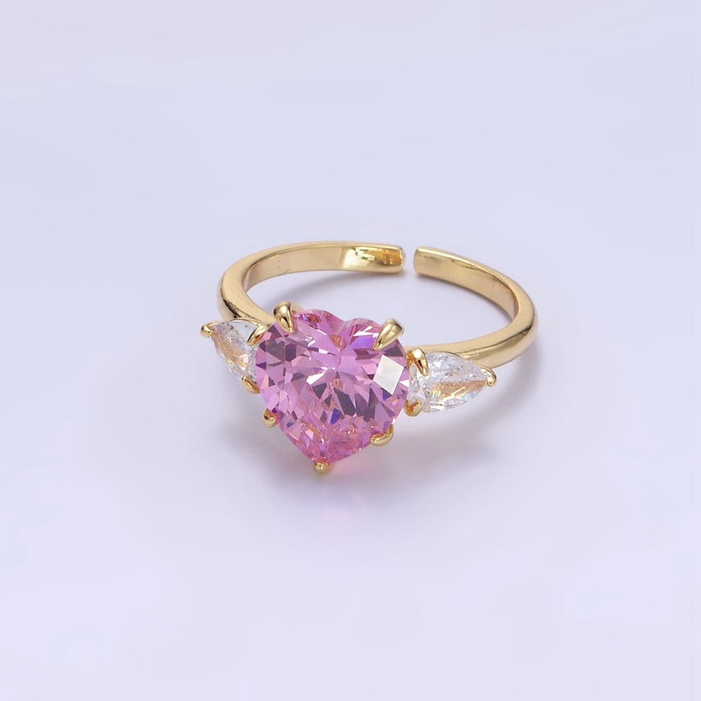 24K Gold plated Clear, Red, Pink Yellow CZ Heart Solitaire Ring | R211 - R212