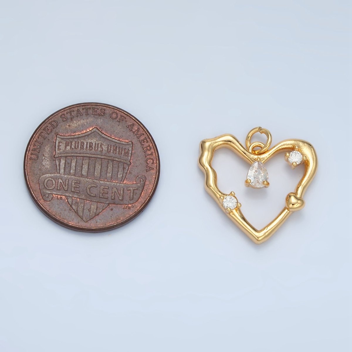 24K Gold plated Clear Teardrop CZ Open Molten Heart Charm in Gold & Silver | E374