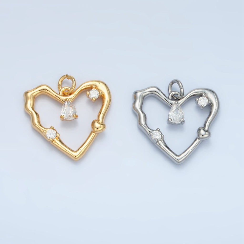 24K Gold plated Clear Teardrop CZ Open Molten Heart Charm in Gold & Silver | E374