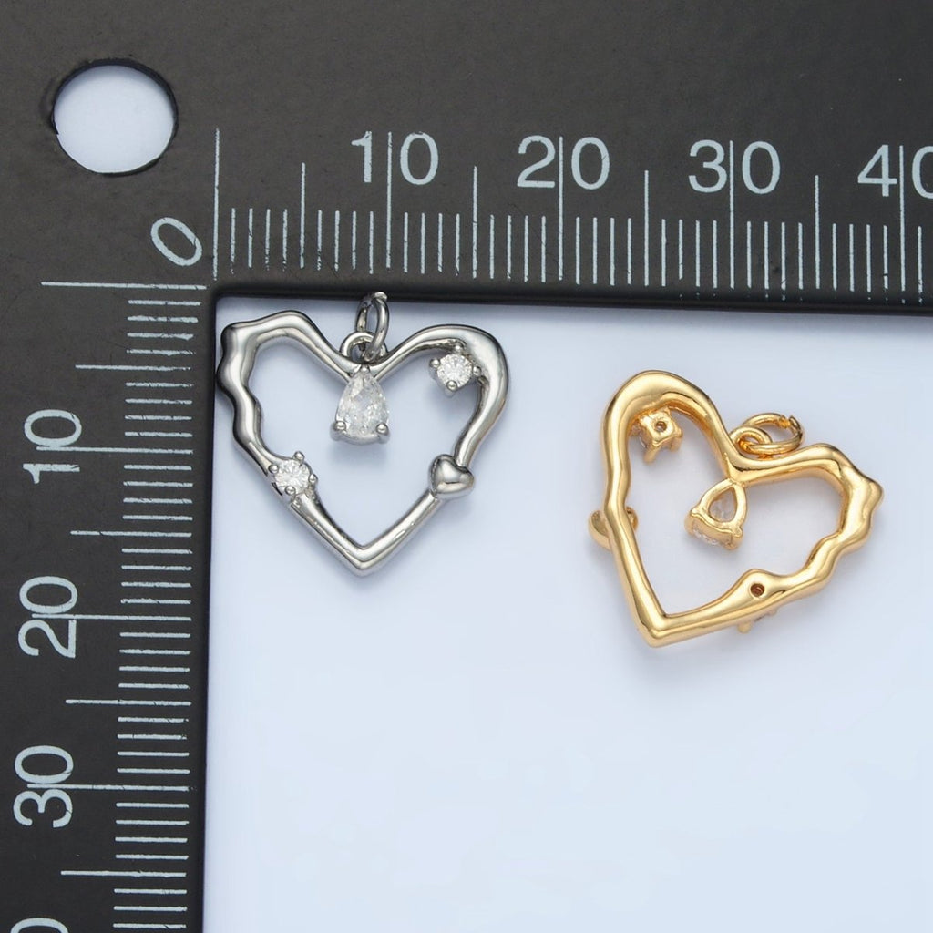 24K Gold plated Clear Teardrop CZ Open Molten Heart Charm in Gold & Silver | E374