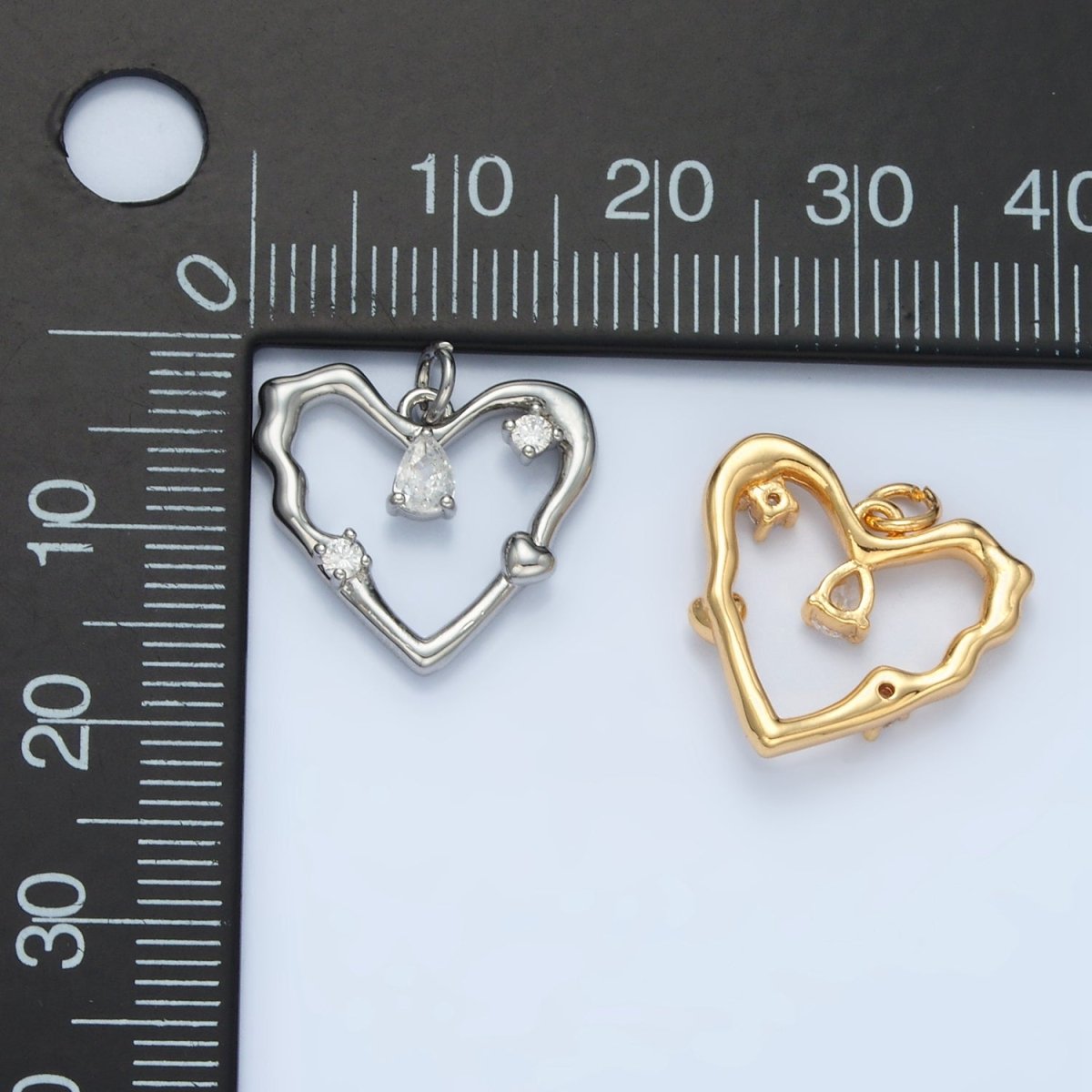 24K Gold plated Clear Teardrop CZ Open Molten Heart Charm in Gold & Silver | E374