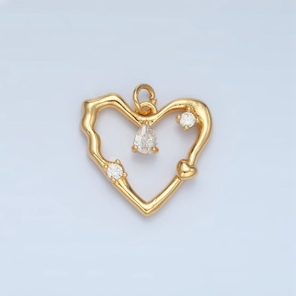 24K Gold plated Clear Teardrop CZ Open Molten Heart Charm in Gold & Silver | E374