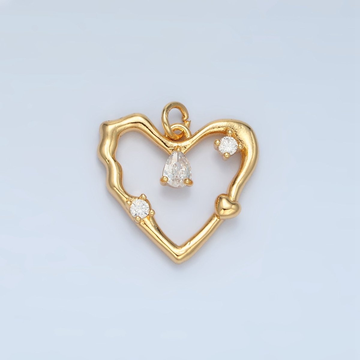 24K Gold plated Clear Teardrop CZ Open Molten Heart Charm in Gold & Silver | E374