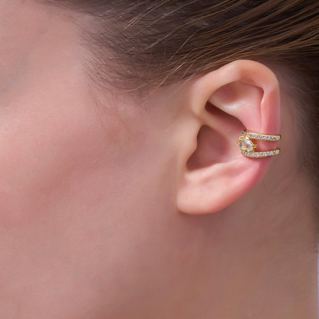 24K Gold plated Clear Teardrop Micro Paved CZ Ear Cuff Earrings | AI175 - DLUXCA