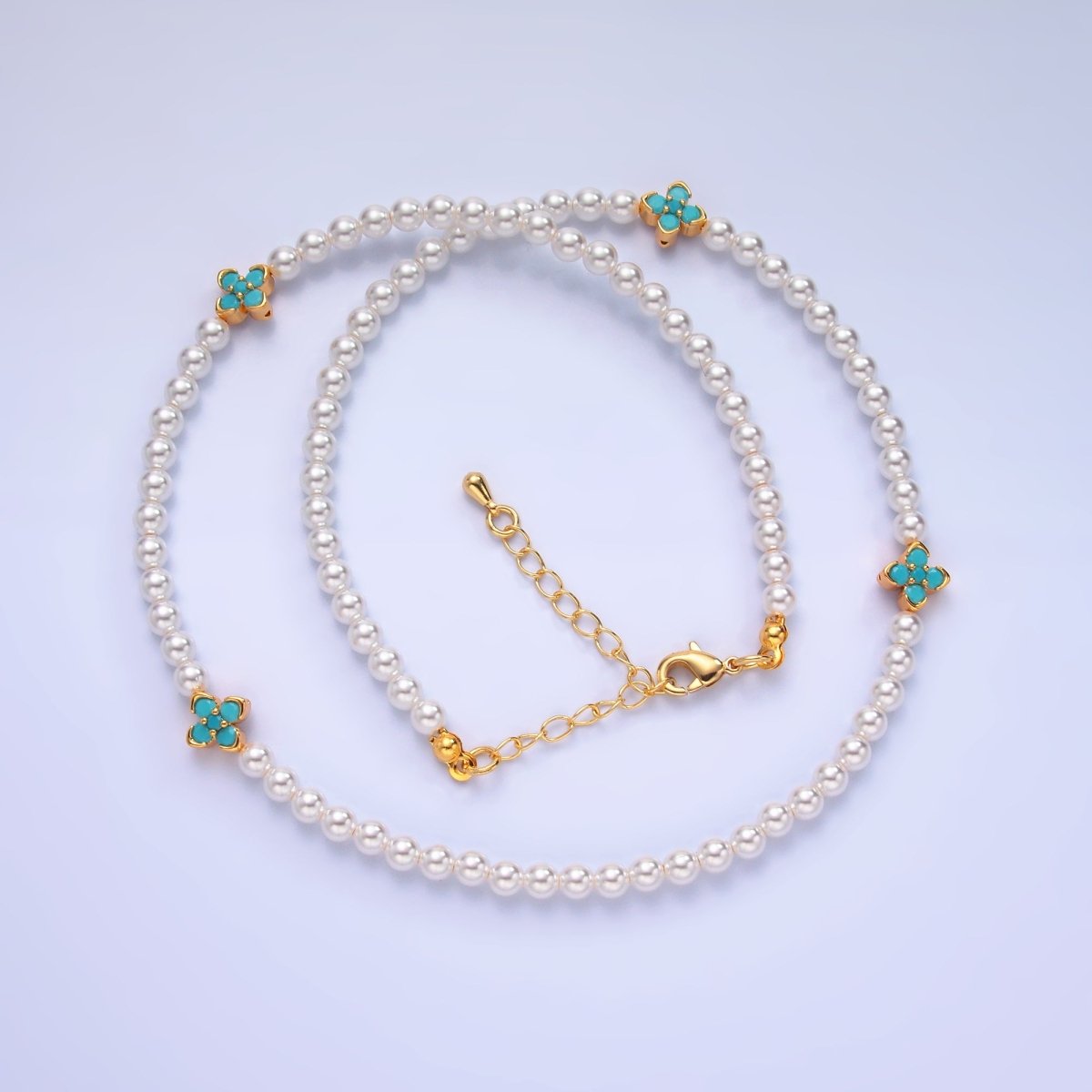 24K Gold plated Clear, Turquoise Flower Shell Pearl 17 Inch Necklace | WA - 3072 WA - 3073 