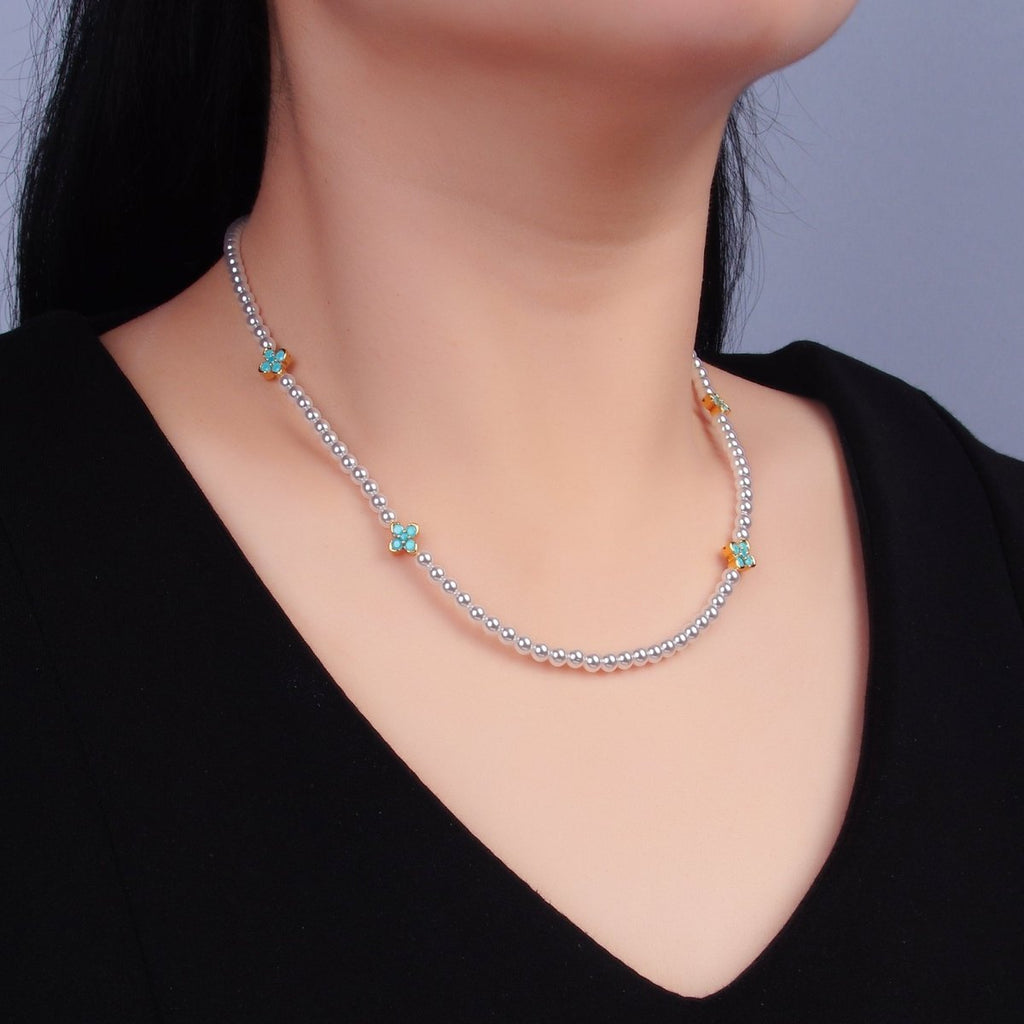24K Gold plated Clear, Turquoise Flower Shell Pearl 17 Inch Necklace | WA - 3072 WA - 3073 