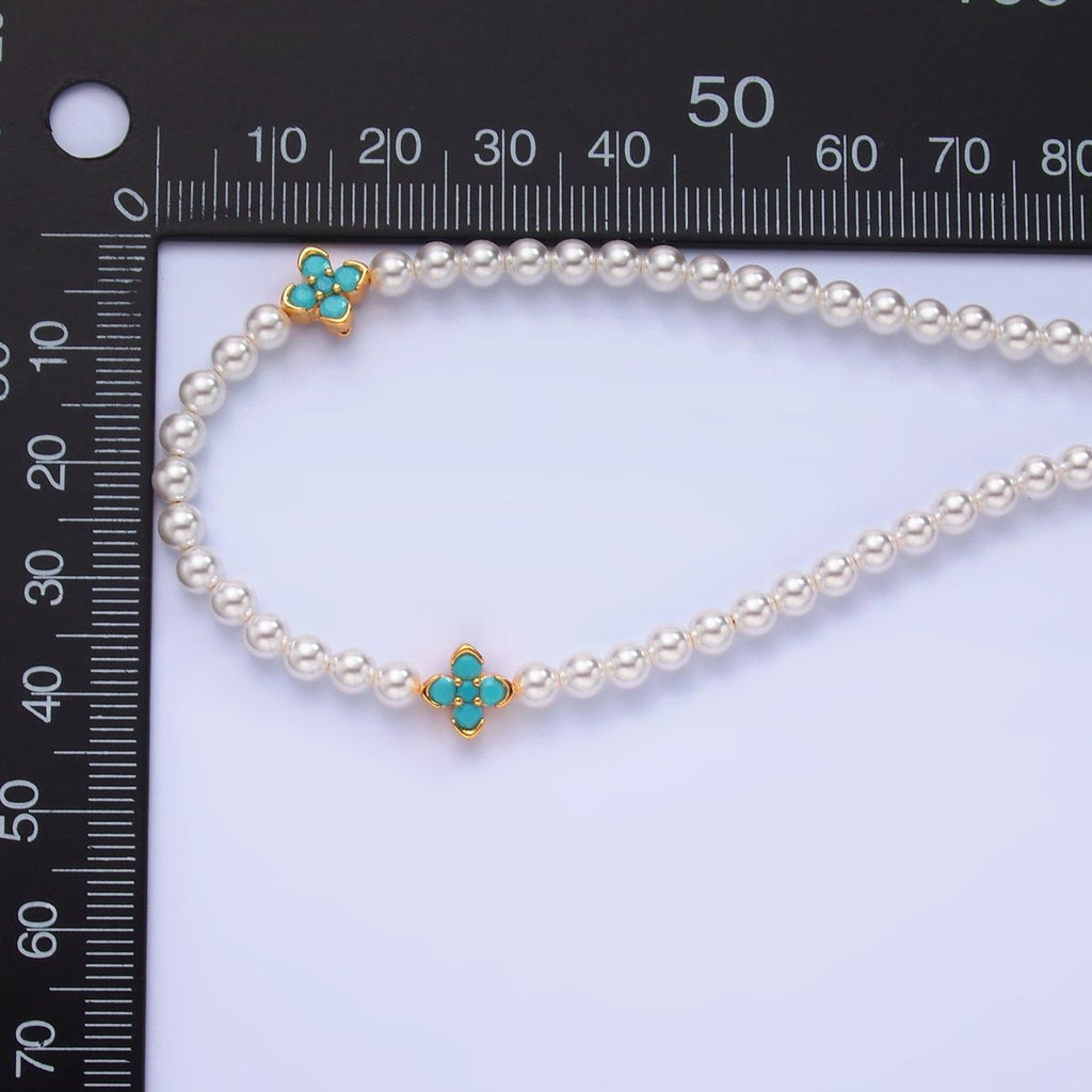 24K Gold plated Clear, Turquoise Flower Shell Pearl 17 Inch Necklace | WA - 3072 WA - 3073 