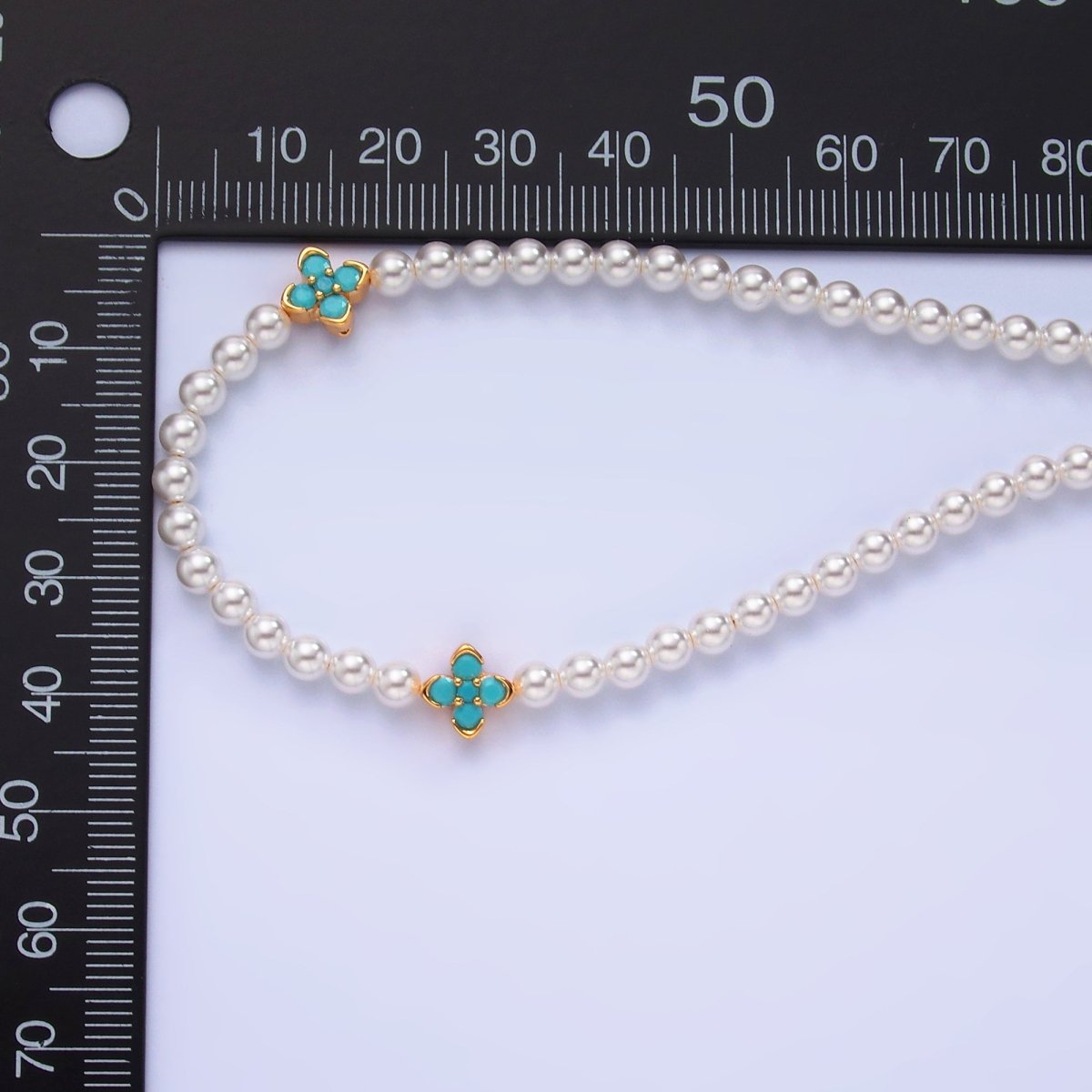 24K Gold plated Clear, Turquoise Flower Shell Pearl 17 Inch Necklace | WA - 3072 WA - 3073 