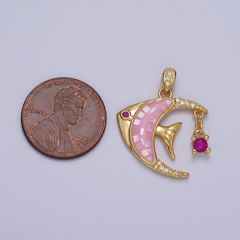 24K Gold plated Clown Fish Micro Paved White, Black, Pink Shell Opal w. Fuchsia CZ Dangle H-306 H-308 H-319
