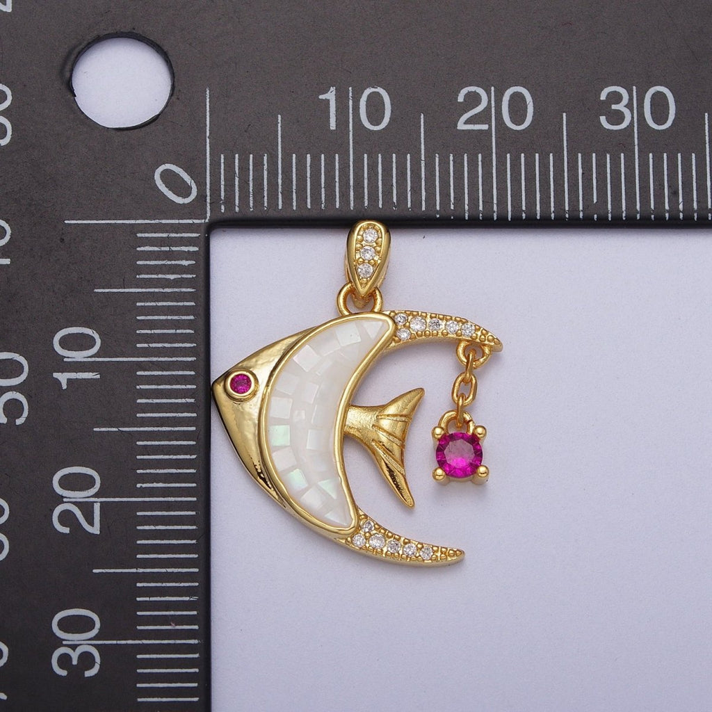 24K Gold plated Clown Fish Micro Paved White, Black, Pink Shell Opal w. Fuchsia CZ Dangle H-306 H-308 H-319