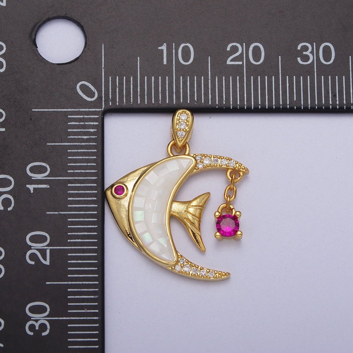 24K Gold plated Clown Fish Micro Paved White, Black, Pink Shell Opal w. Fuchsia CZ Dangle H-306 H-308 H-319
