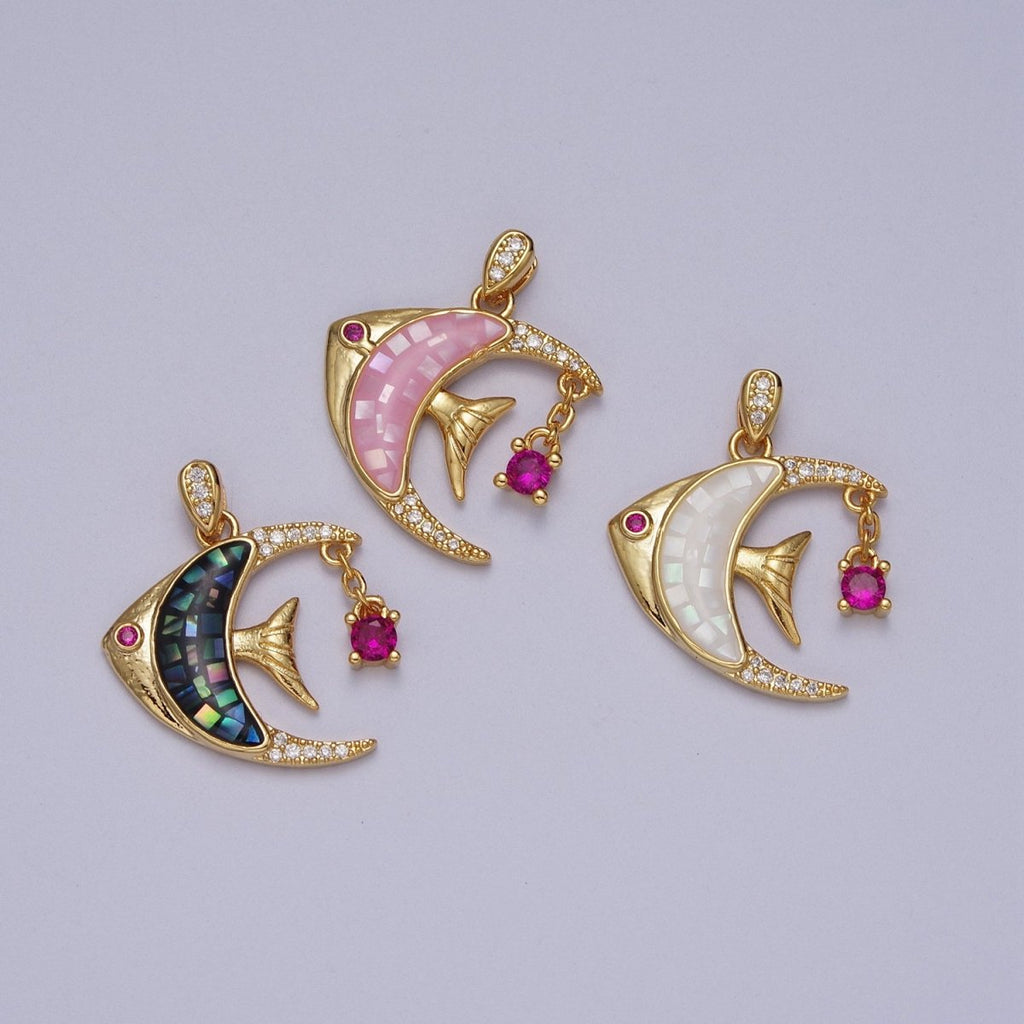 24K Gold plated Clown Fish Micro Paved White, Black, Pink Shell Opal w. Fuchsia CZ Dangle H-306 H-308 H-319