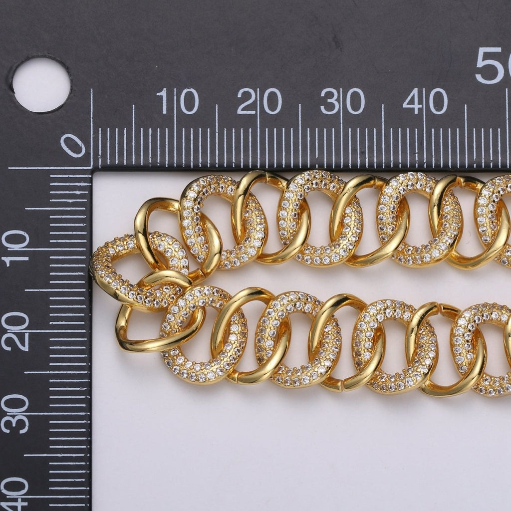 24K Gold plated Cluster CZ CURB Rolo Chain by Yard, Sand Cubic Curb Chain, Fancy Roll Chain with Cubic Zirconia For Jewelry Making | ROLL-318 Clearance Pricing - DLUXCA