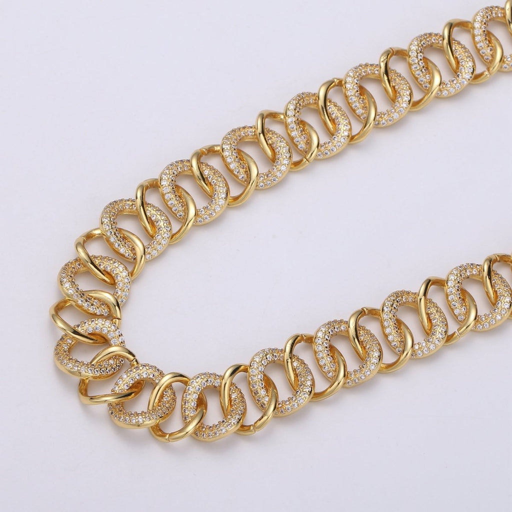 24K Gold plated Cluster CZ CURB Rolo Chain by Yard, Sand Cubic Curb Chain, Fancy Roll Chain with Cubic Zirconia For Jewelry Making | ROLL-318 Clearance Pricing - DLUXCA
