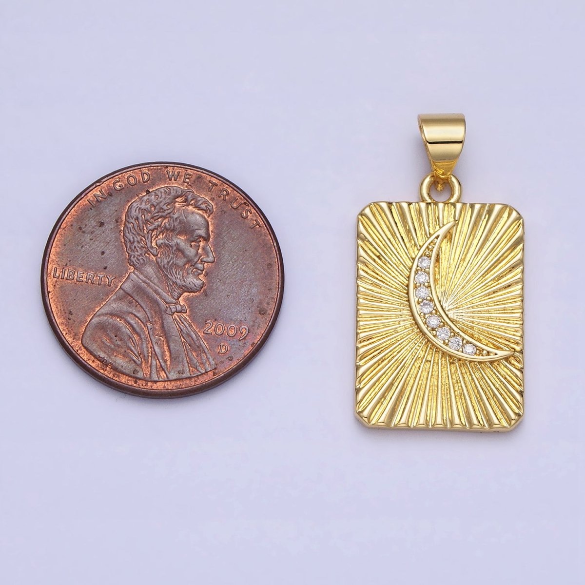 24K Gold plated Crescent Moon Celestial Clear CZ Micro Paved Sunburst Textured Tag Pendant | AA160 - DLUXCA