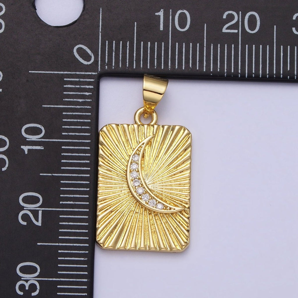 24K Gold plated Crescent Moon Celestial Clear CZ Micro Paved Sunburst Textured Tag Pendant | AA160 - DLUXCA