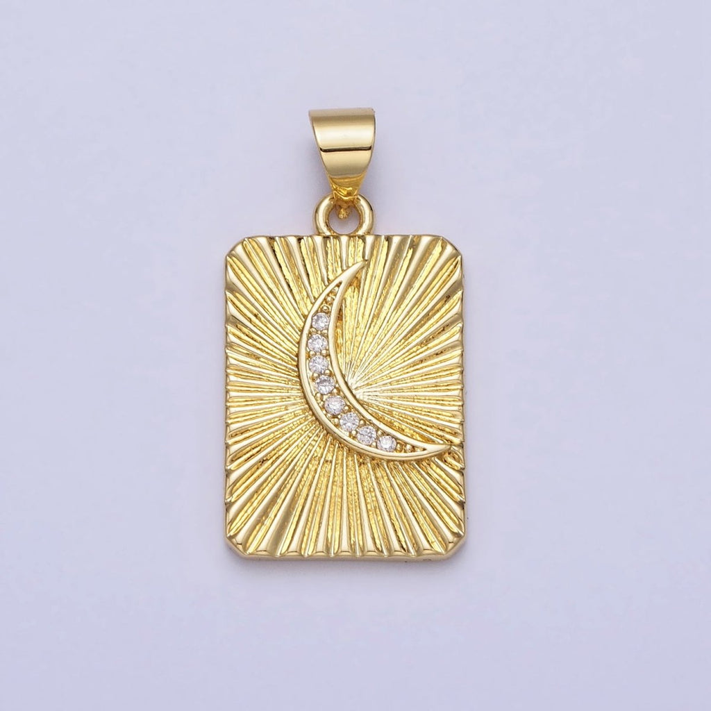 24K Gold plated Crescent Moon Celestial Clear CZ Micro Paved Sunburst Textured Tag Pendant | AA160 - DLUXCA