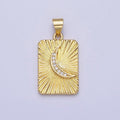 24K Gold plated Crescent Moon Celestial Clear CZ Micro Paved Sunburst Textured Tag Pendant | AA160 - DLUXCA