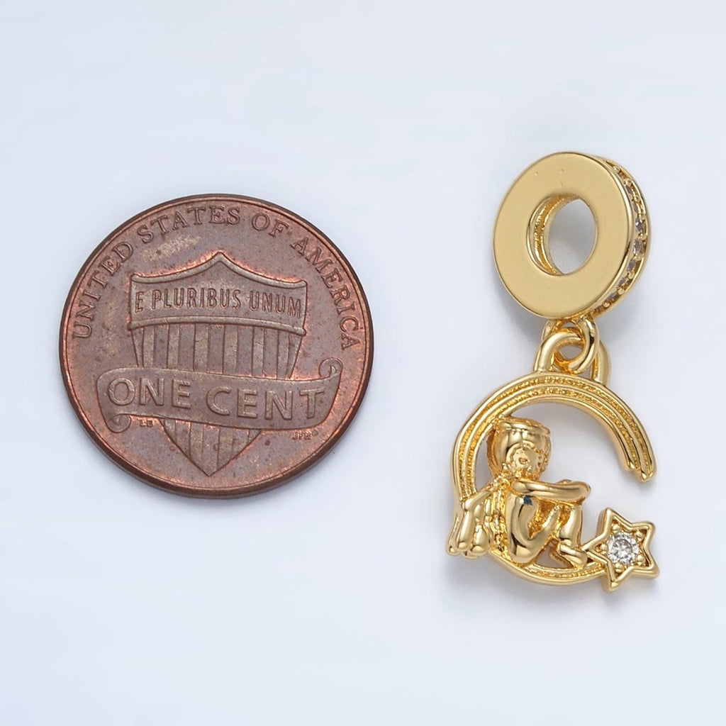 24K Gold plated Crescent Moon Star Boy Micro Paved Rhondelle Bail Drop Pendant | AC097 - DLUXCA