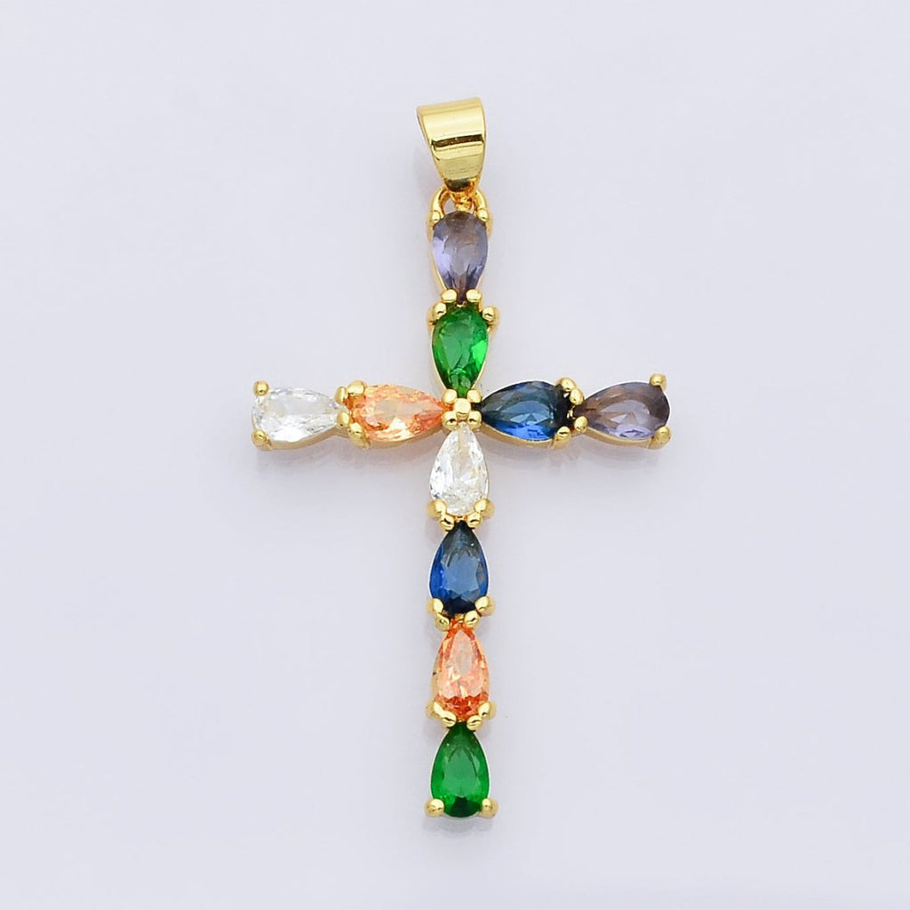 24K Gold plated Cross charm Colorful Cz Pendant for Necklace Earring Religious Jewelry Making Supply N - 1450 - DLUXCA