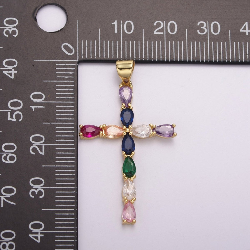 24K Gold plated Cross charm Colorful Cz Pendant for Necklace Earring Religious Jewelry Making Supply N-1450