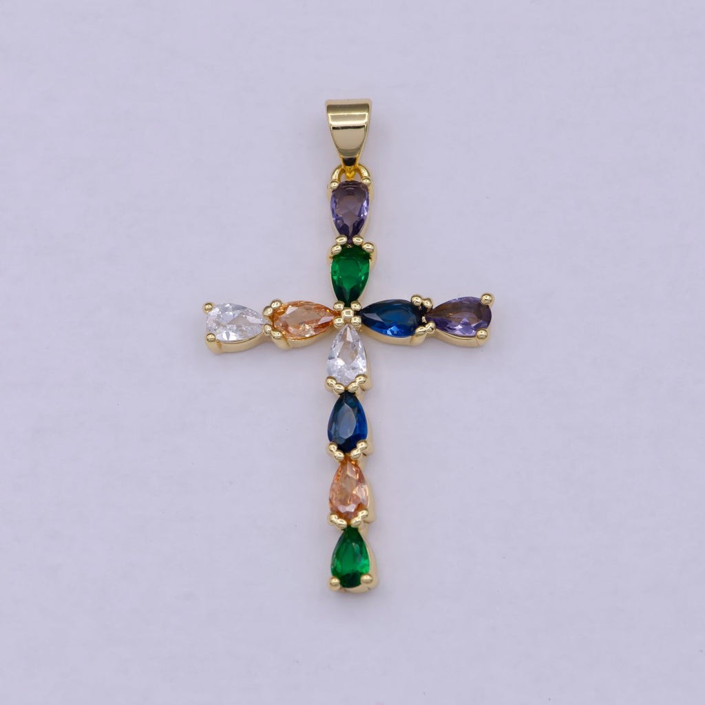 24K Gold plated Cross charm Colorful Cz Pendant for Necklace Earring Religious Jewelry Making Supply N-1450