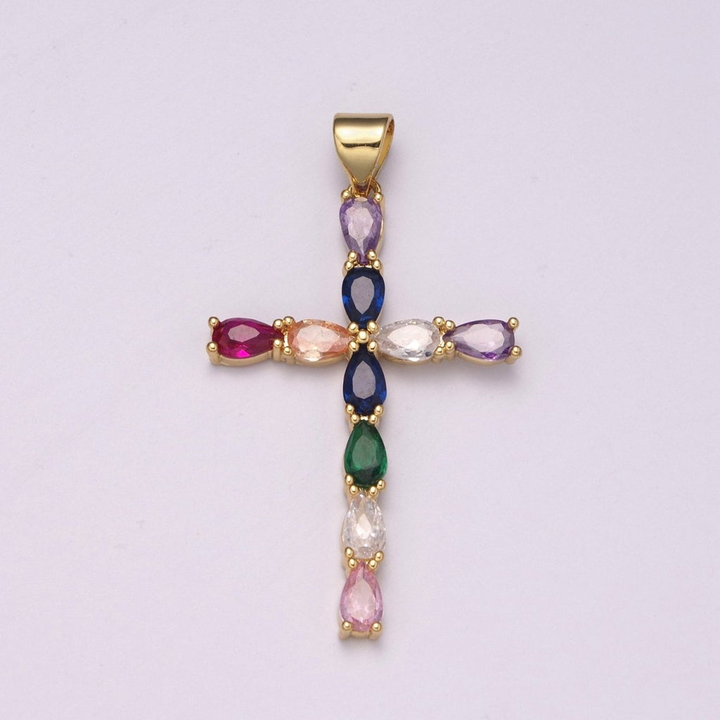 24K Gold plated Cross charm Colorful Cz Pendant for Necklace Earring Religious Jewelry Making Supply N-1450