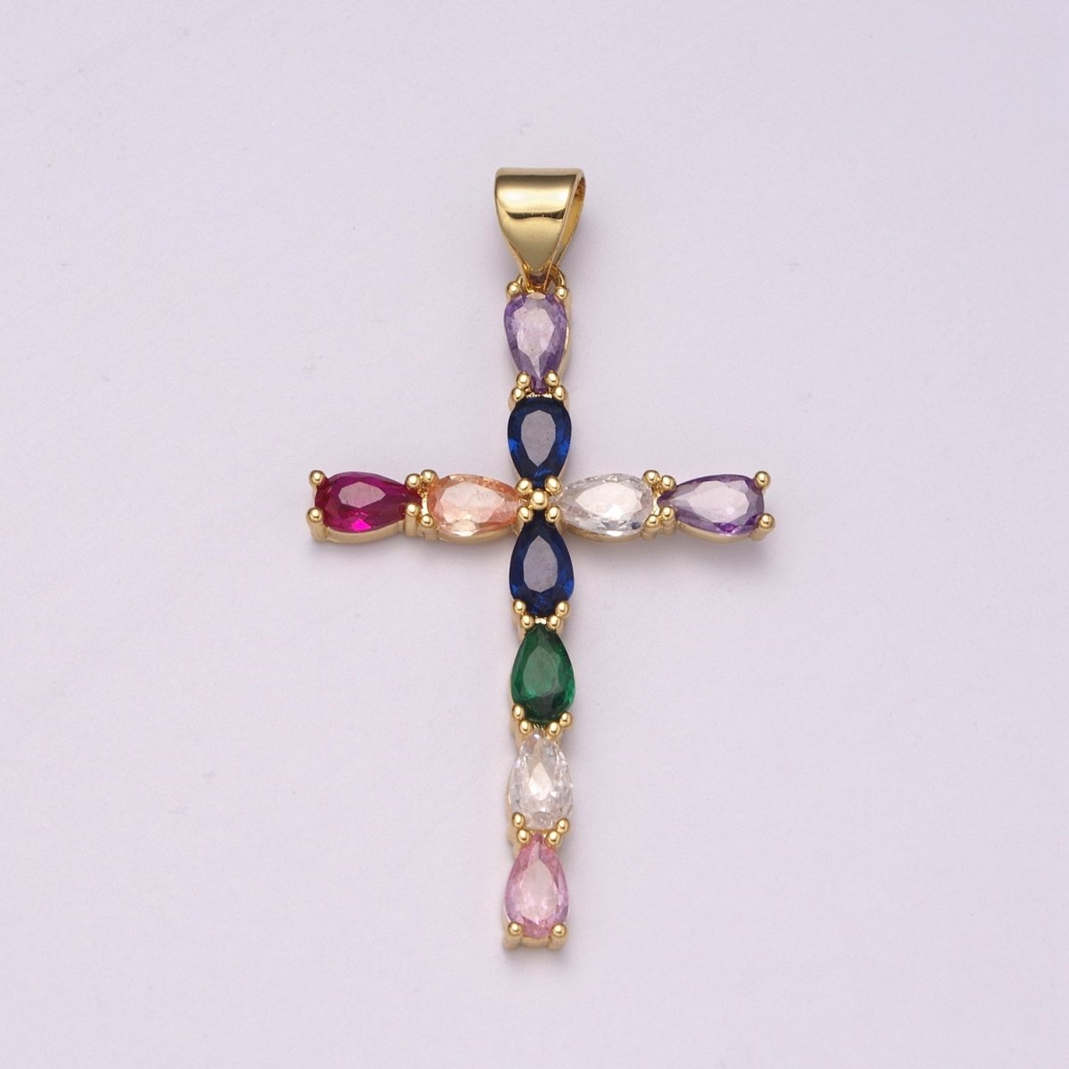 24K Gold plated Cross charm Colorful Cz Pendant for Necklace Earring Religious Jewelry Making Supply N-1450