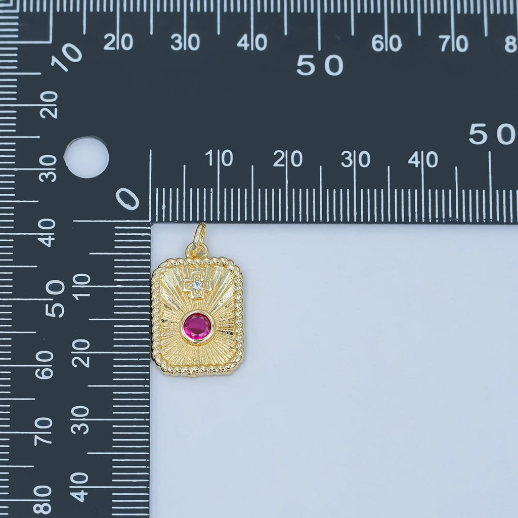 24K Gold plated Cross Red CZ Sunburst Twisted Bezel Charm | M625 - DLUXCA
