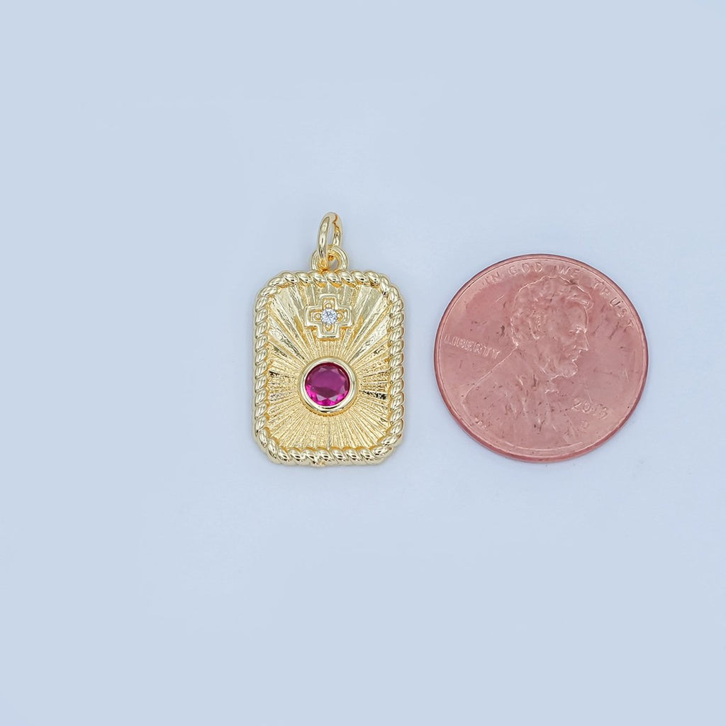 24K Gold plated Cross Red CZ Sunburst Twisted Bezel Charm | M625 - DLUXCA