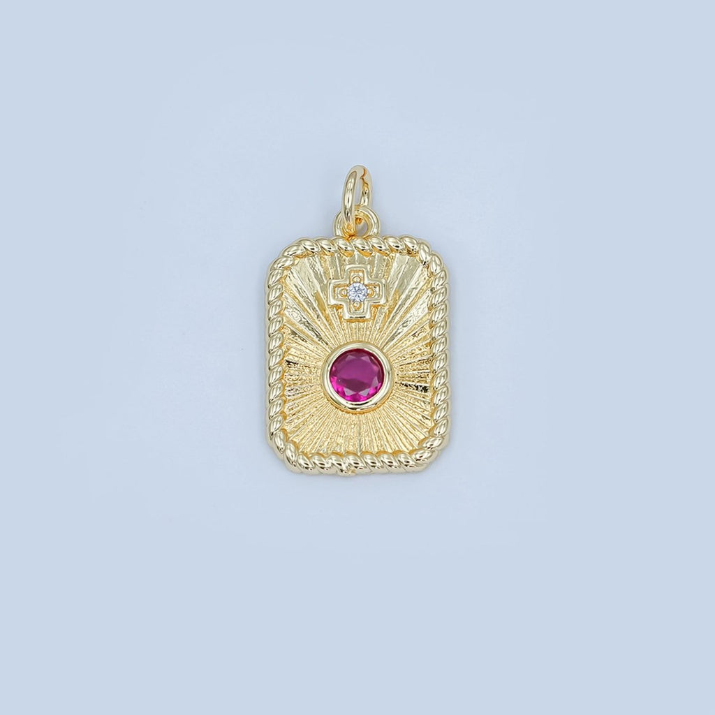 24K Gold plated Cross Red CZ Sunburst Twisted Bezel Charm | M625 - DLUXCA