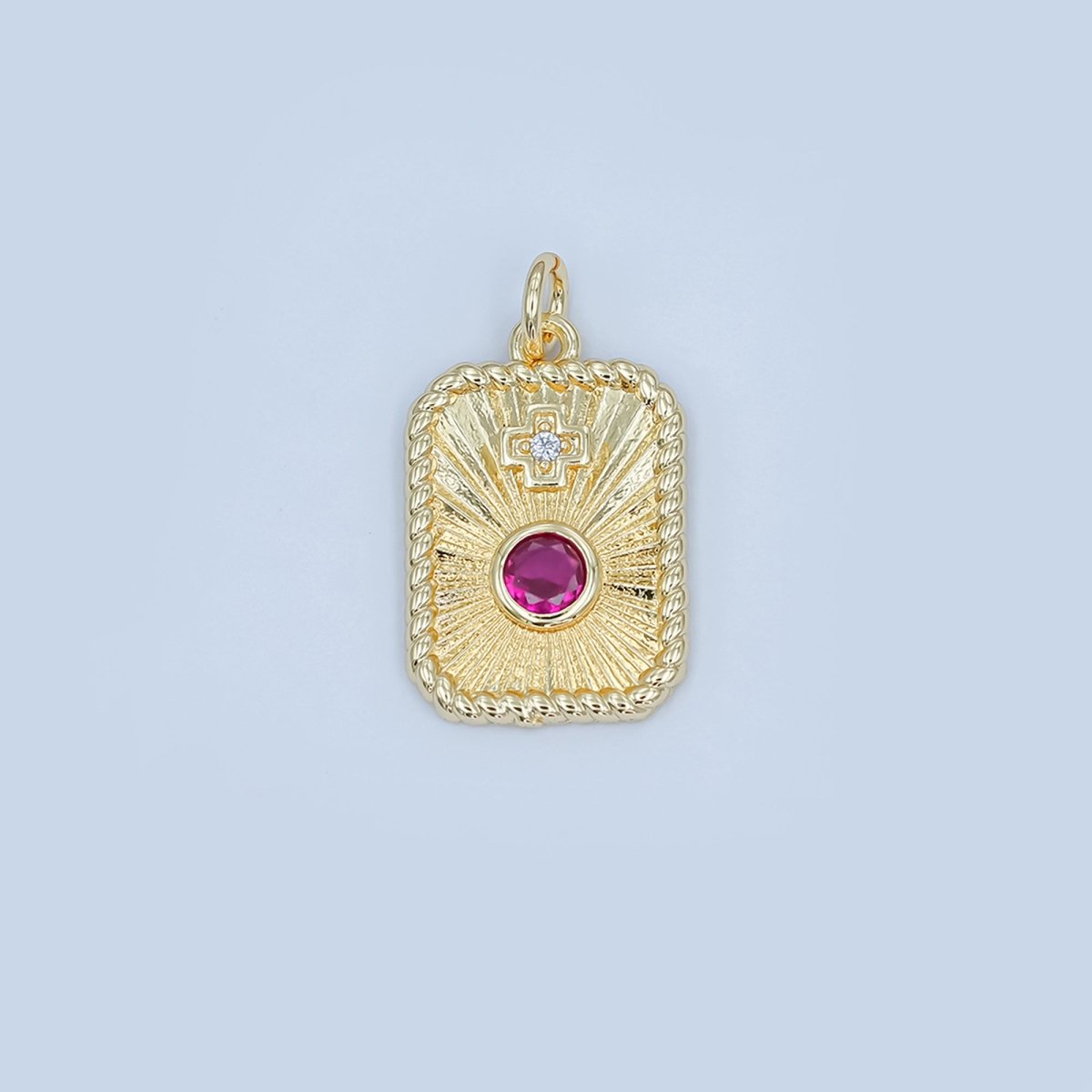 24K Gold plated Cross Red CZ Sunburst Twisted Bezel Charm | M625 - DLUXCA