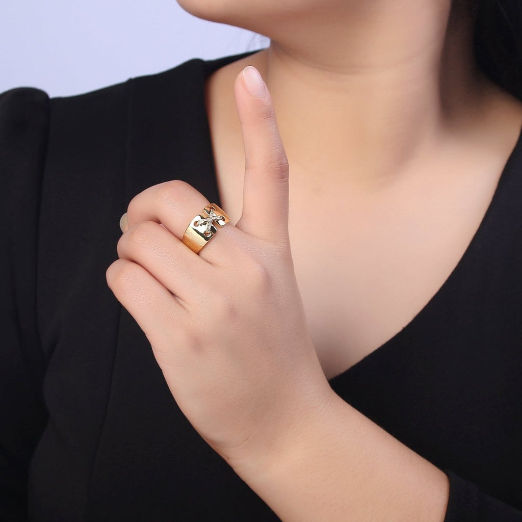 24K Gold plated Cross X Ribbon Tied Ring, Thick Statement Gold & Silver Open Adjustable Ring U-533 U-534