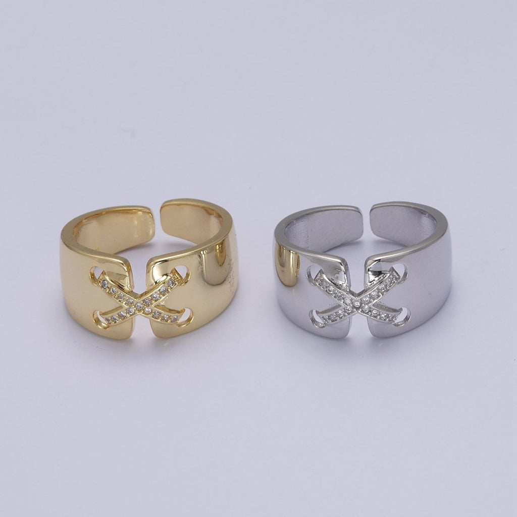 24K Gold plated Cross X Ribbon Tied Ring, Thick Statement Gold & Silver Open Adjustable Ring U-533 U-534