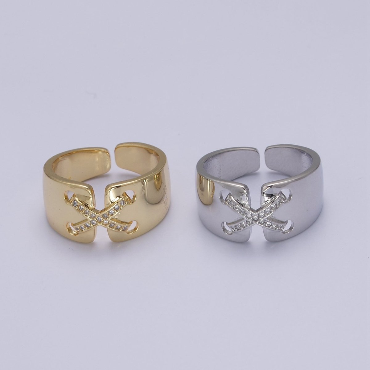 24K Gold plated Cross X Ribbon Tied Ring, Thick Statement Gold & Silver Open Adjustable Ring U-533 U-534
