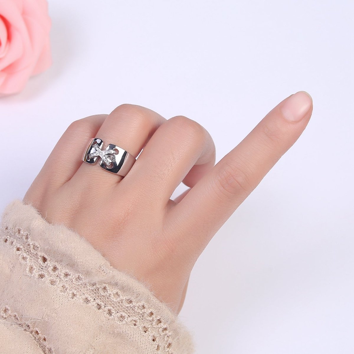 24K Gold plated Cross X Ribbon Tied Ring, Thick Statement Gold & Silver Open Adjustable Ring U-533 U-534